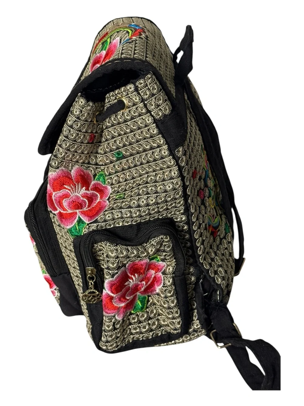 Embroidered Floral Bohemian handcrafted Drawstring Backpack - Pink/Black 12”by10